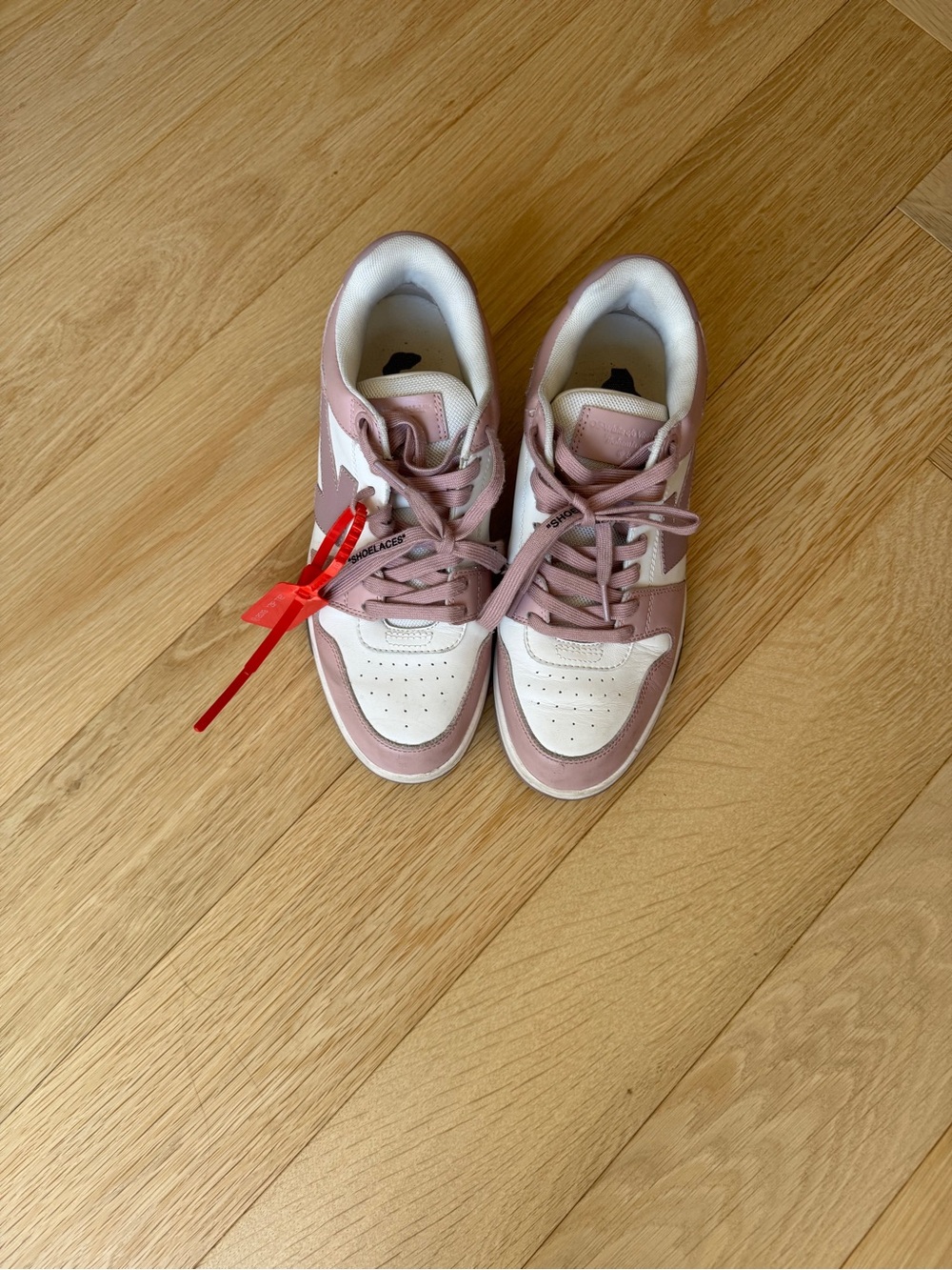 Off-White Women's Pink and White Low-Top Sneakers with Red Zip Tie